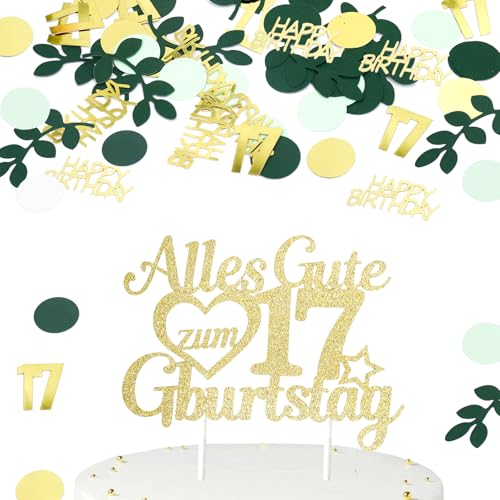 Gleevio Tortendeko 17 Geburtstag Junge,Torten Deko 17. Geburtstag Mädchen mit 100 Stück Konfetti 17 Geburtstagdeko Tischdeko,Kuchen Deko Alles Gute zum 17Geburtstag,Geburtstagsdeko 17 Jahre Grün Gold von Gleevio