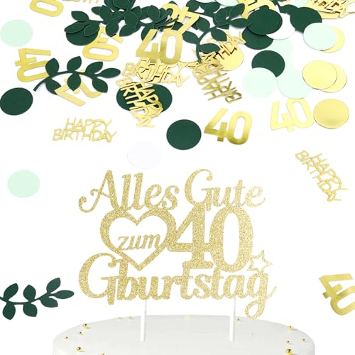 Gleevio Tortendeko 40 Geburtstag Mann Frau,Kuchen Deko 40 Geburtstag mit 100 Stk Konfetti 40 Geburtstagdeko,Gold Green Kuchen Topper 40,Cake Topper Alles Gute zum 40 Geburtstagdeko,Kuchendeko 40 Jahre von Gleevio