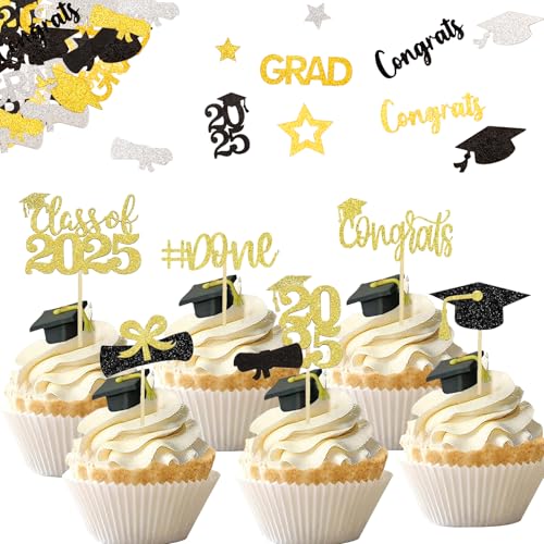 Gleevio 2025 Abschluss Tortendeko Graduation Cupcake Toppers 12 Stück, mit 100 Stück Abschluss Deko Konfetti, Glitzer Graduation Deko Torten, Congratulations Kuchendeko Abitur 2025 Prüfung Bestanden von Gleevio