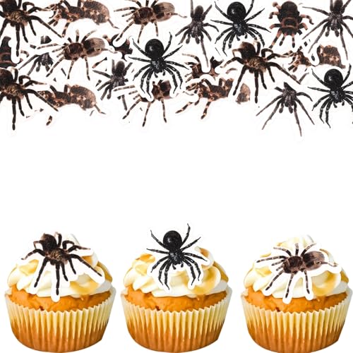 Gleevio Essbare Spinnen Cupcake Topper 48 Stück, 8 Stile, Horror Halloween Tortendeko Essbar, Esspapier Spinnen Tortendeko Geburtstag, Halloween Deko Torte Essbar, Muffin Deko Horror-Partys von Gleevio
