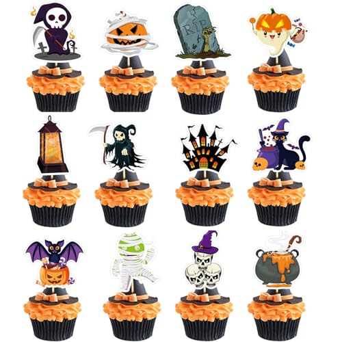 Gleevio 24 Stück Tortendeko Halloween Deko Torte 12 Designs, Sensenmann Cupcake Topper, Halloween Kuchen Deko aus Papier, Zombies Muffin Dekoration, Sensenmann Kuchendeko Halloweenparty Dekoration Gleevio 24 Stück Tortendeko Halloween Deko Torte 12 Designs, Sensenmann Cupcake Topper, Halloween Kuchen Deko aus Papier, Zombies Muffin Dekoration, Sensenmann Kuchendeko Halloweenparty Dekoration von Gleevio