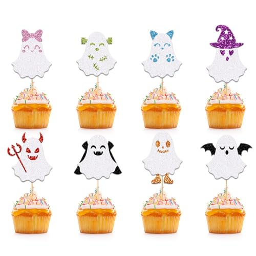 Gleevio 24 Stück Süße Geist Tortendeko Halloween Geburtstag Deko Bunt,Glitzer Kleiner Teufel Cupcake Topper Halloween Kuchen Deko aus Papier,Geist Muffin Dekoration Babyparty,Tortendeko Kinder von Gleevio