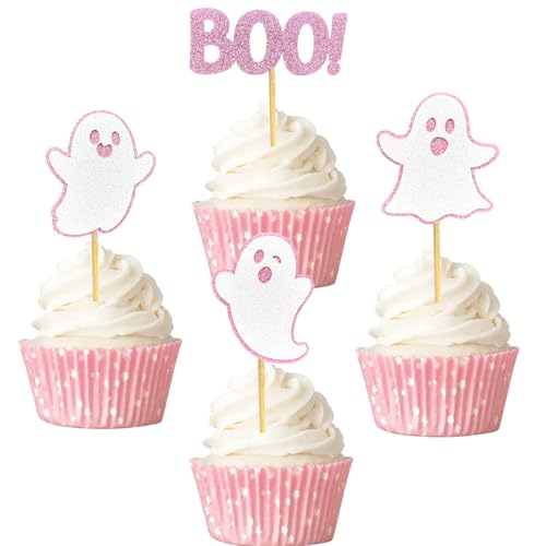 Gleevio 24 Stück Rosa Geist Tortendeko Halloween Geburtstag Deko,Glitzer BOO Cupcake Topper Halloween Kuchen Deko aus Papier,Geist Muffin Dekoration Babyparty,Süße Tortendeko Rosa Halloweenparty von Gleevio