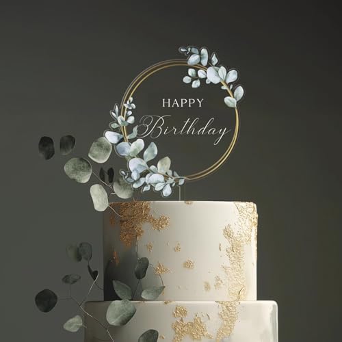 Gleevio Happy Birthday Tortendeko aus Acryl 10,4x16cm, Klein Cake Topper Geburtstag, Eukalyptusblatt Kuchendeko Happy Birthday Cake Topper, Transparenter Tortendeko Geburtstag Kinder Erwachsene von Gleevio