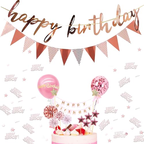 Gleevio Geburtstag Deko Rosegold mit 12stk Happy Birthday Tortendeko Mädchen Frauen, und 2stk Happy Birthday Girlande 15g Konfetti Tischdeko, Geburtstagsdeko, Tortendeko Geburtstag Party Deko von Gleevio