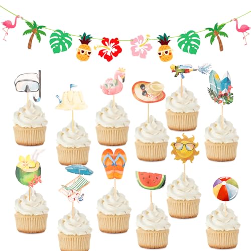Gleevio Hawaii Tortendeko Flamingo Geburtstags Deko, 25 Stück Aloha Girlande Sommer Party deko, Cupcake Topper Hawaii Girlande, Aloha Tortendeko zum Tropische Sommer Strand von Gleevio