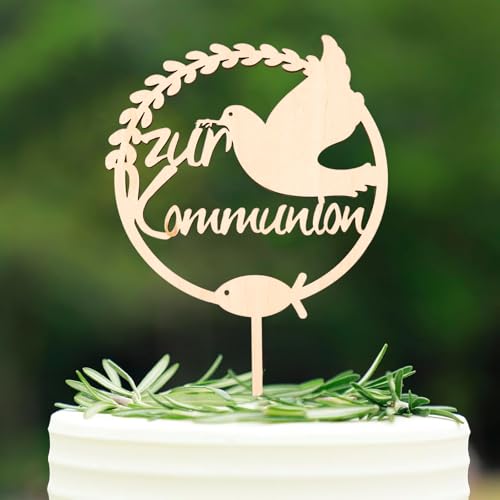 Gleevio Tortendeko Kommunion Holz, Cake Topper Kommunion, Erstkommunion Kuchen Deko, Holz Erstkommunion Tortendeko für Mädchen und Jungen, Taube Fisch Tortenstecker Taufe Party Deko, 13x22,3cm von Gleevio