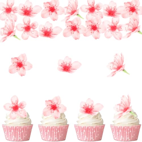 Gleevio Rosa Blumen Tortendeko Essbar,40 Stück Essbare Blumen für Torte, Essbare Blüten Tortendeko, Esspapier Kirschblüte Kuchen Deko, Kirschblüte Cupcake Deko Essbar für Hochzeit, Geburtstag, Mädchen von Gleevio