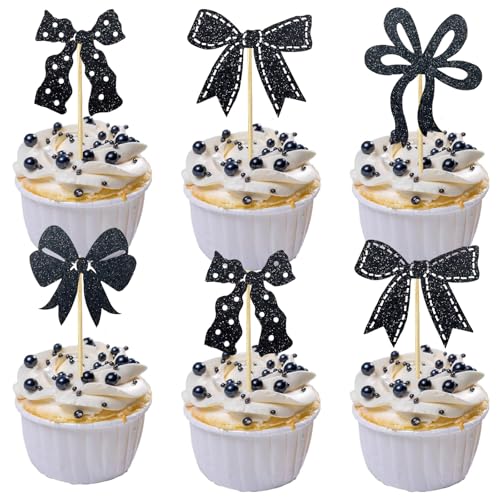 Gleevio Tortendeko Schwarz Schleifen Cupcake Topper, 24 Stück Glitzer Schleife Deko Torte, Kuchendeko Schleifen Deko Geburtstag, Bogen Cake Topper Hochzeit, Muffin Deko Schleife Hochzeitstorte Deko von Gleevio