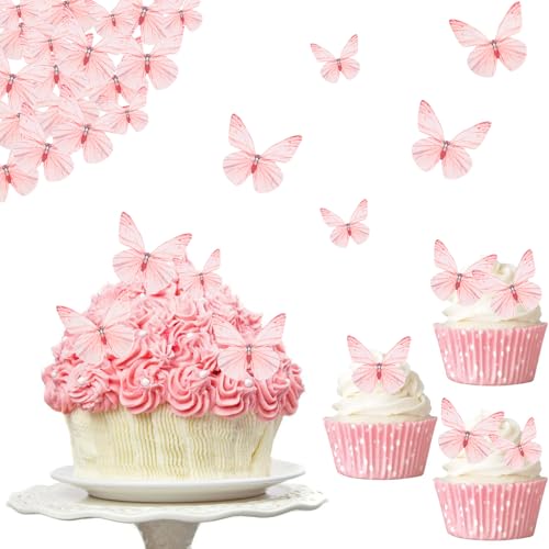 Gleevio Essbare Tortendeko Schmetterling Deko Torte,72 Stück Essbare Schmetterlinge für Torte Rosa,Kuchen Deko Schmetterlinge Esspapier Geburtstag,Schmetterling Cupcake Deko Essbar,Tortendeko Mädchen von Gleevio