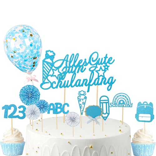Gleevio Tortendeko Einschulung Junge,19 Stk Alles Gute zum Schulanfang Cupcake Topper Einschulung Deko Torte,Glitzer Blau Schulkind Tortendeko Mädchen,Kuchendeko Schulanfang mit ABC 123 Zuckertüte von Gleevio