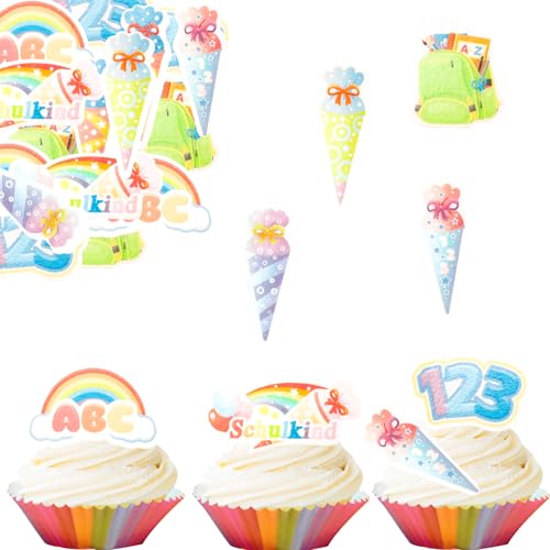 Gleevio Tortendeko Einschulung Essbar,48 Stk Cupcake Topper Einschulung,Essbare Schulkind Tortendeko,Kuchendeko Schulanfang,Esspapier Schulkind ABC 123 Zuckertüte Kuchen Deko Essbar für Junge Mädchen von Gleevio