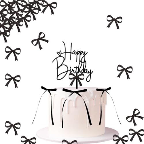 Gleevio 111 Stück Geburtstag Dekoration Set mit Schwarz Happy Birthday Tortendeko, Schleifen Deko Torte, und Schwarz Schleifen Konfetti, Geburtstagsdeko, Happy Birthday Deko für Geburtstag Hochzeit von Gleevio