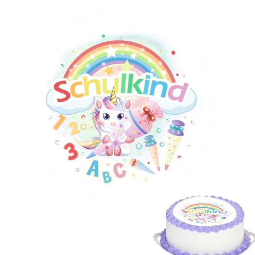 Gleevio Einhorn Schulkind Tortendeko Einschulung Essbar,Tortenaufleger Einschulung Kuchendeko Schulanfang,Ø 20cm Cake Topper Schulkind 2025 Mädchen Junge,Schulanfang Tortenaufleger für Schuleinführung von Gleevio