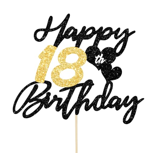 Gleevio Tortendeko 18 Geburtstag Junge Mädchen,Happy 18th Birthday Kuchen Deko,Cake Topper 18 Geburstag Deko, Alles Gute zum Geburtstag 18 Jahre Tortendeko,2007 Kuchen Topper Weite 16cm Schwarz Gold von Gleevio