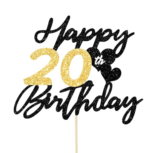 Gleevio Tortendeko 20 Geburtstag Mann Frau,Glitzer Happy 20th Birthday Kuchen Deko,Cake Topper 20 Geburstag Deko, Alles Gute zum Geburtstag 20 Jahre Tortendeko,2005 Kuchen Topper 16cm Schwarz Gold von Gleevio