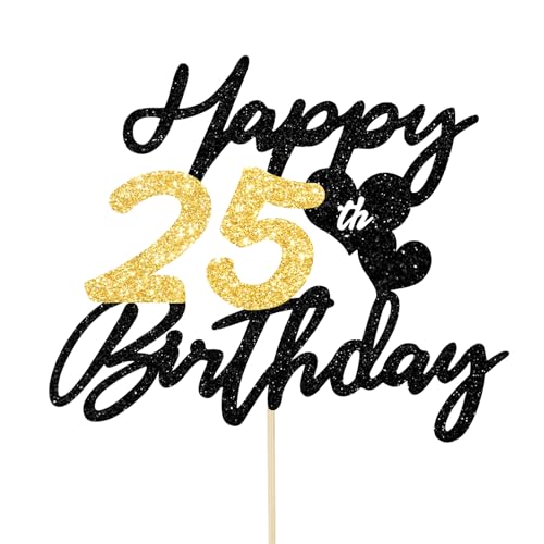 Gleevio Tortendeko 25 Geburtstag Mann Frau,Glitzer Happy 25th Birthday Kuchen Deko,Cake Topper 25 Geburstag Deko, Alles Gute zum Geburtstag 25 Jahre Tortendeko,2000 Kuchen Topper 16cm Schwarz Gold von Gleevio