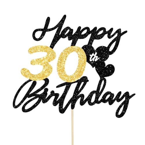 Gleevio Tortendeko 30 Geburtstag Mann Frau,Glitzer Happy 30th Birthday Kuchen Deko,Cake Topper 30 Geburstag Deko, Alles Gute zum Geburtstag 30 Jahre Tortendeko,1995 Kuchen Topper 16cm Schwarz Gold von Gleevio