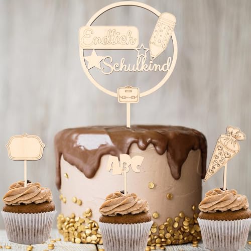 Gleevio Endlich Schulkind Cake Topper, 4 Stück Holz Tortendeko Einschulung Kuchen Deko, Kuchendeko Schulanfang, Schulkind 2025 Deko Torte, Zuckertüte ABC Cake Topper Einschulung für Junge Mädchen von Gleevio