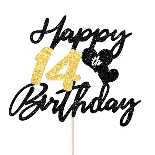 Gleevio Tortendeko 14 Geburtstag Junge Mädchen,Glitzer Kuchen Deko Geburtstag 14 Jahre Mädchen,Happy 14th Birthday Cake Topper,Torten Deko 14 Teenager,Kuchendeko14 Birthday,Weite 16cm Schwarz Gold von Gleevio