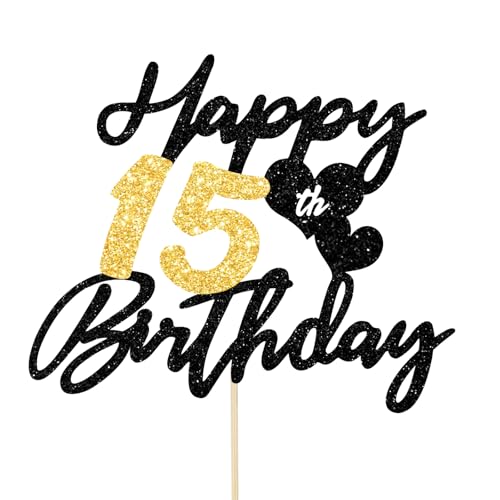 Gleevio Tortendeko 15 Geburtstag Junge Mädchen,Glitzer Kuchen Deko 15 Geburtstag Mädchen,Happy 15th Birthday Cake Topper,Geburtstagsdeko 15 Jahre Junge,Torten Deko 15 Jahre Mädchen Schwarz Gold von Gleevio