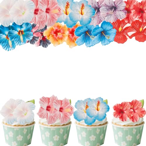 Gleevio 60 Stück Hibiskus Cupcake Deko Essbar, 10 Stile, Essbare Blumen für Torte Bunt, Esspapier Blumen Tortendeko Hochzeit, Essbare Blüten Kuchen Deko, Blüten Muffin Topper für Hochzeit Jahrestag von Gleevio