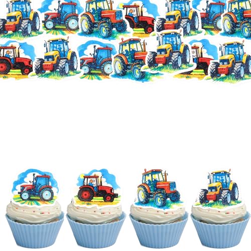 Gleevio 56 Stück Traktor Tortendeko Essbar, 4 Stile, Kuchendeko Traktor, Esspapier Tortendeko Bauernhof Geburtstag Deko, Essbare Bauernhof Cupcake Topper Geburtstag Junge, Kuchen Deko Familienfeiern von Gleevio