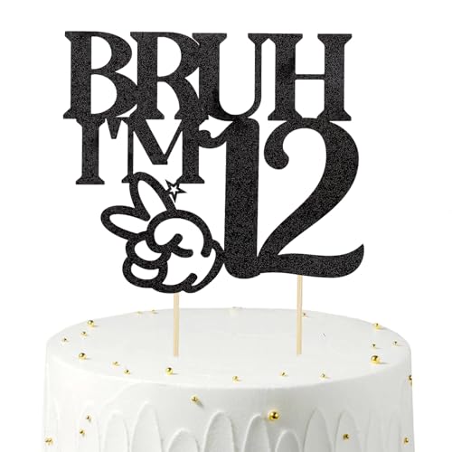Gleevio Bruh I'm 12 Tortendeko 12 Geburtstag Junge Mädchen,Glitzer Cake Topper Geburtstag 12 Jahre Mädchen,Schwarz Happy 12th Birthday Kuchen Topper,Bro I'm 12 Birthday Geburstagstorte Deko 12 Jahre von Gleevio