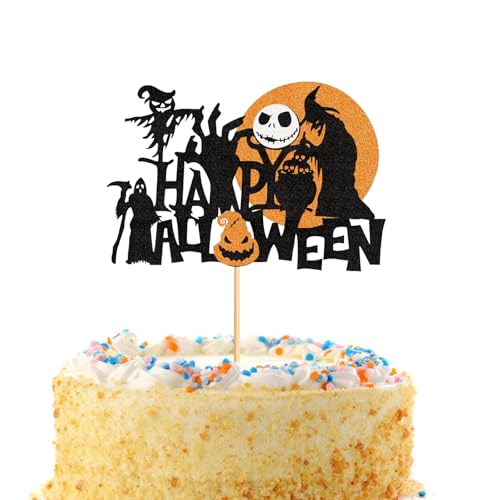 Gleevio Happy Halloween Cake Topper,Tortendeko Halloween Deko Kuchen 15,6cm,Glitzer Hexe Tortendeko für Trick-or-Treat Gruselige Partys,Kuchendeko Gruselige Geburtstagsparty-Deko Schwarz Orange von Gleevio