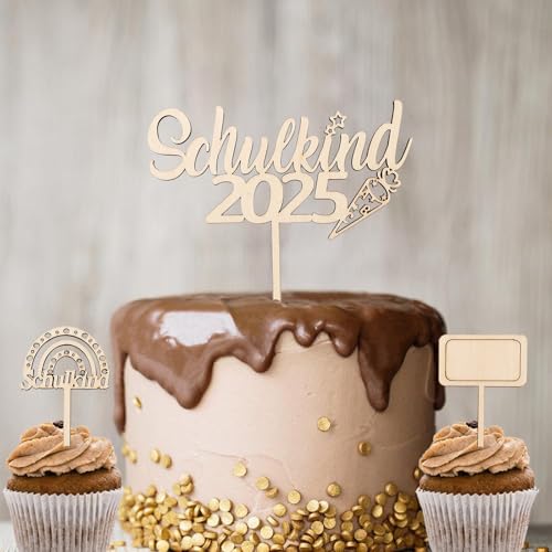Gleevio Schulkind 2025 Tortendeko Einschulung Holz,3 Stk Cake Topper Einschulung Deko Torten,Kuchendeko Schulanfang,Schulkind Deko Junge Mädchen,Holz Cake Topper Schulanfang für Einschulungsfeier von Gleevio