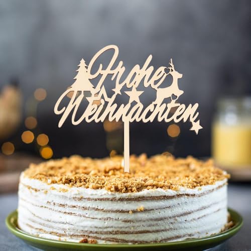 Gleevio Weihnachten Tortendeko, Frohe Weihnachten Cake Topper Holz, Kuchendeko 4 mm Dicke Mit Weihnachtsbaum, Sternen, Elch, Größe 15x20cm von Gleevio