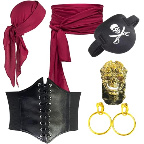 GlibberToy Mittelalter Piratenkostüm Zubehör Set Damen Herren, Pirate Head Scarf, Piraten Korsett, mit Pirat Augenklappe, Ohrringe Gold und Schädel Ring Gold, für Karneval,Halloween, Cosplay, Party von GlibberToy