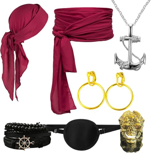 Mittelalter Piratenkostüm Zubehör Set Damen Herren, Pirate Head Scarf, Anker Halskette, Lederarmband, Pirat Augenklappe, Ohrringe Gold und Schädel Ring Gold, für Karneval ,Halloween, Cosplay, Party von GlibberToy