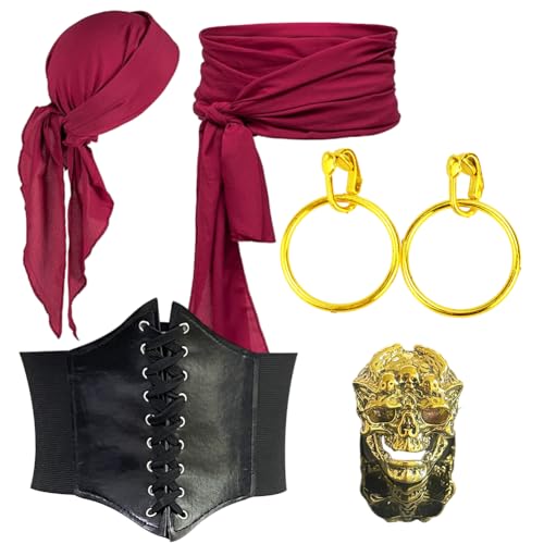 Mittelalter Piratenkostüm Zubehör Set Damen Herren, Pirate Head Scarf, Piraten Korsett, mit Ohrringe Gold und Schädel Ring Gold, Piraten Verkleidung Accessories für Karneval ,Halloween, Cosplay, Party von GlibberToy