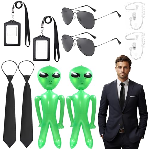 10-teiliges Agenten-Kostüm-Zubehör-Set, Geheimagenten-Verkleidungsset mit Ausweishaltern, schwarze Krawatten, Sonnenbrillen, Ohrstücke, aufblasbar, grün, Aliens für Damen, Herren, Halloween, Cosplay 10-teiliges Agenten-Kostüm-Zubehör-Set, Geheimagenten-Verkleidungsset mit Ausweishaltern, schwarze Krawatten, Sonnenbrillen, Ohrstücke, aufblasbar, grün, Aliens für Damen, Herren, Halloween, Cosplay von Glirop