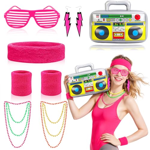 11-teiliges 80er-Jahre-Kostüm, 1980er-Jahre Retro-Neon-Zubehör-Set mit aufblasbarer Boom-Box, Sport-Stirnband, Armbänder, Brillen, Ohrringe, Perlenketten für Damen und Herren, Cosplay 11-teiliges 80er-Jahre-Kostüm, 1980er-Jahre Retro-Neon-Zubehör-Set mit aufblasbarer Boom-Box, Sport-Stirnband, Armbänder, Brillen, Ohrringe, Perlenketten für Damen und Herren, Cosplay von Glirop