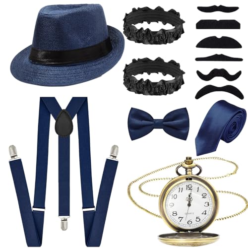 13-teiliges 1920er-Gatsby-Kostüm-Set für Herren, Gentleman, brüllende 20er-Jahre, Zubehör-Set mit Hut, Hosenträgern, Taschenuhr, Fliege, Bärt, Manschetten, Krawatte für Erwachsene, Halloween von Glirop