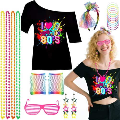 19-teiliges 80er-Jahre-T-Shirt-Set für Damen, 1980er-Jahre Retro-Kostüm-Zubehör mit Netzhandschuhen, Ohrringen, Stirnband, Rollladen, Brille, Armband, Halskette für Mädchen, Kostüm, Outfit 19-teiliges 80er-Jahre-T-Shirt-Set für Damen, 1980er-Jahre Retro-Kostüm-Zubehör mit Netzhandschuhen, Ohrringen, Stirnband, Rollladen, Brille, Armband, Halskette für Mädchen, Kostüm, Outfit von Glirop