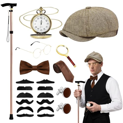 1920er Jahre Herren-Kostüm-Zubehör-Set, Vintage-Stil, Gentleman Gatsby, Gangster-Kostüm mit verstellbarem Metall-Klappstock, Taschenuhr, Fliege, Brillen, Manschetten, Bartlupe für brüllende 1920er Jahre Herren-Kostüm-Zubehör-Set, Vintage-Stil, Gentleman Gatsby, Gangster-Kostüm mit verstellbarem Metall-Klappstock, Taschenuhr, Fliege, Brillen, Manschetten, Bartlupe für brüllende von Glirop