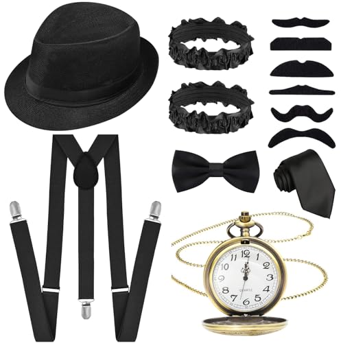 1920er Jahre Kostüm Zubehör Gatsby Kostüm Kit mit Hut, Krawatte, Uhr, Strapse, Brille (schwarz) von Glirop