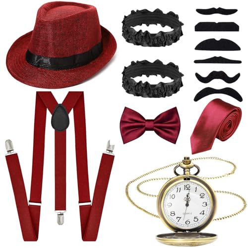 1920er Jahre Verkleidung Zubehör Gatsby Kostüm Kit mit Hut, Krawatte, Uhr, Strapse, Brille (Rot) von Glirop