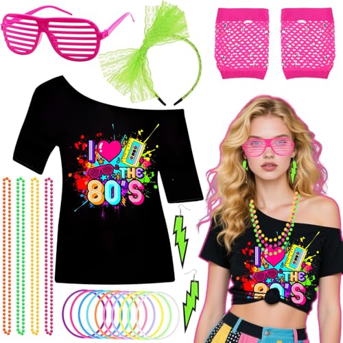 1980er Jahre Accessoires Set für Damen, Retro Verkleidung mit bedrucktem T-Shirt Fischnetz Handschuhe Blitzohrringe Spitze Stirnband Shutter Brille Armband Halskette für Mädchen 80er Jahre Kostüm von Glirop