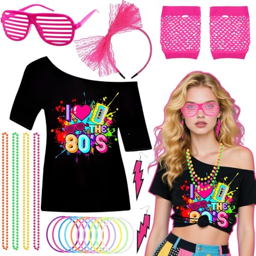 1980er Jahre Accessoires Set für Damen, Retro Verkleidung mit bedrucktem T-Shirt Fischnetz Handschuhe Blitzohrringe Spitze Stirnband Shutter Brille Armband Halskette für Mädchen 80er Jahre Kostüm von Glirop