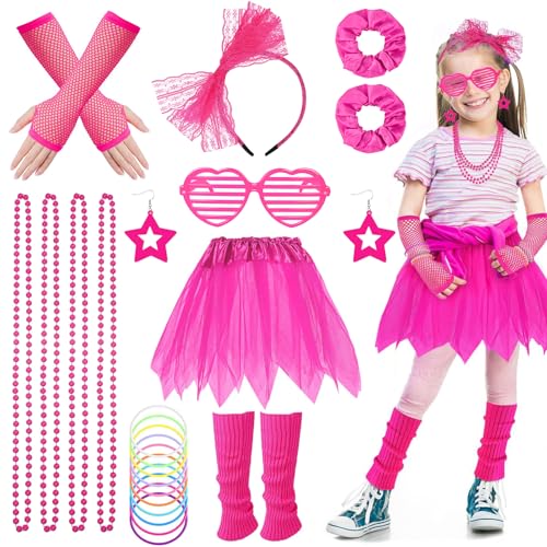 1980s Kostümzubehör Set für Kinder Fancy Kleid, Mädchen Neon Party Outfit mit Handschuhe Beinwärmer Tutu Rock Fischnetz Ohrringe Armbänder Halsketten Gläser für 80er 90er Jahre Karneval Party (Rosa) von Glirop