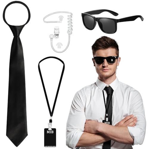 Glirop 6 Stück Agent Kostüm Zubehör, Geheimdienst Spion Kostüm Set, Men in Black Kostüm mit Sonnenbrille, Krawatte, Ohrhörer, Ausweis Kartenhalter für Kinder Jugendliche Erwachsene Halloween Cosplay von Glirop