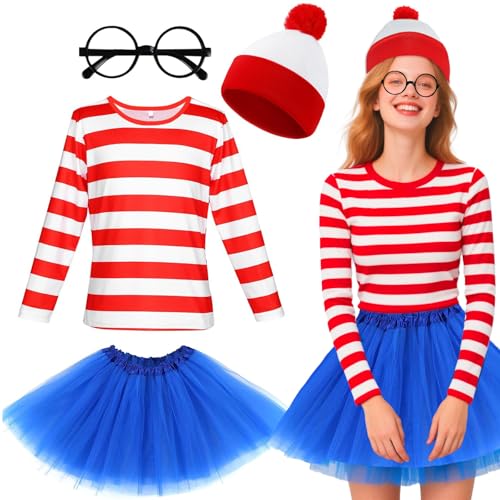 4-teiliges Frauenkostüm-Set mit rot-weiß gestreiftem Oberteil, blauem Tutu-Rock, Hut, Brille für Welttag des Buches, Halloween, Cosplay, Mottoparty, Halloween, Weihnachten 4-teiliges Frauenkostüm-Set mit rot-weiß gestreiftem Oberteil, blauem Tutu-Rock, Hut, Brille für Welttag des Buches, Halloween, Cosplay, Mottoparty, Halloween, Weihnachten von Glirop