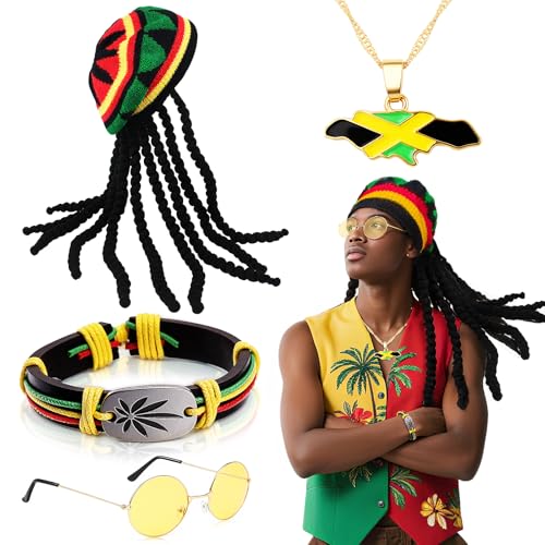 4-teiliges Rasta-Kostüm-Zubehör-Set, jamaikanischer Hut mit Dreadlock-Halskette, gelber Brille, geflochtenes Armband, Karibik-Reggae-Verkleidung für Damen und Herren, Party, Cosplay, Maskerade 4-teiliges Rasta-Kostüm-Zubehör-Set, jamaikanischer Hut mit Dreadlock-Halskette, gelber Brille, geflochtenes Armband, Karibik-Reggae-Verkleidung für Damen und Herren, Party, Cosplay, Maskerade von Glirop