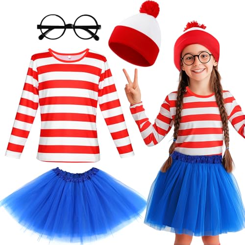 4-teiliges Wally-Kostüm-Set für Mädchen, rot und weiß gestreiftes Oberteil, blaues Tutu, Hut, Brille, Kostüm-Outfit für Weltbuchtag, Halloween, Cosplay, Mottoparty, Halloween, Weihnachten 4-teiliges Wally-Kostüm-Set für Mädchen, rot und weiß gestreiftes Oberteil, blaues Tutu, Hut, Brille, Kostüm-Outfit für Weltbuchtag, Halloween, Cosplay, Mottoparty, Halloween, Weihnachten von Glirop