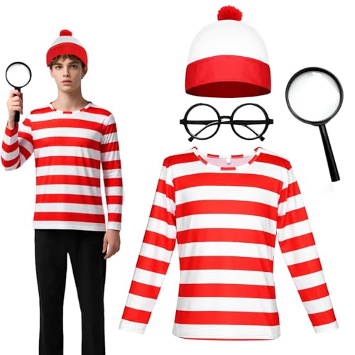 4-teiliges Waly-Kostüm-Set für Damen und Herren, Uni-Kostüm-Zubehör mit rot und weiß gestreiftem Langarm-Shirt, Beanie-Mütze, Brille, Lupe für Erwachsene, Kinder, Cosplay, Weltbuchtag, Halloween 4-teiliges Waly-Kostüm-Set für Damen und Herren, Uni-Kostüm-Zubehör mit rot und weiß gestreiftem Langarm-Shirt, Beanie-Mütze, Brille, Lupe für Erwachsene, Kinder, Cosplay, Weltbuchtag, Halloween von Glirop