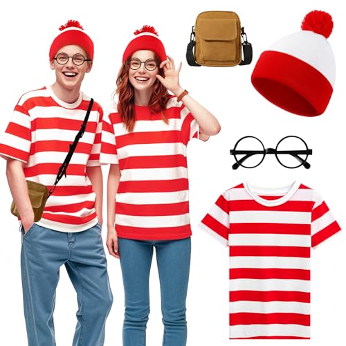4-teiliges Waly-Kostüm für Erwachsene, rot und weiß gestreiftes Zubehör-Set mit T-Shirt, Beanie, Mütze, Brille, Tasche, Verkleidung für Damen und Herren, Welttag des Buches, Halloween, Mottoparty (S) 4-teiliges Waly-Kostüm für Erwachsene, rot und weiß gestreiftes Zubehör-Set mit T-Shirt, Beanie, Mütze, Brille, Tasche, Verkleidung für Damen und Herren, Welttag des Buches, Halloween, Mottoparty (S) von Glirop